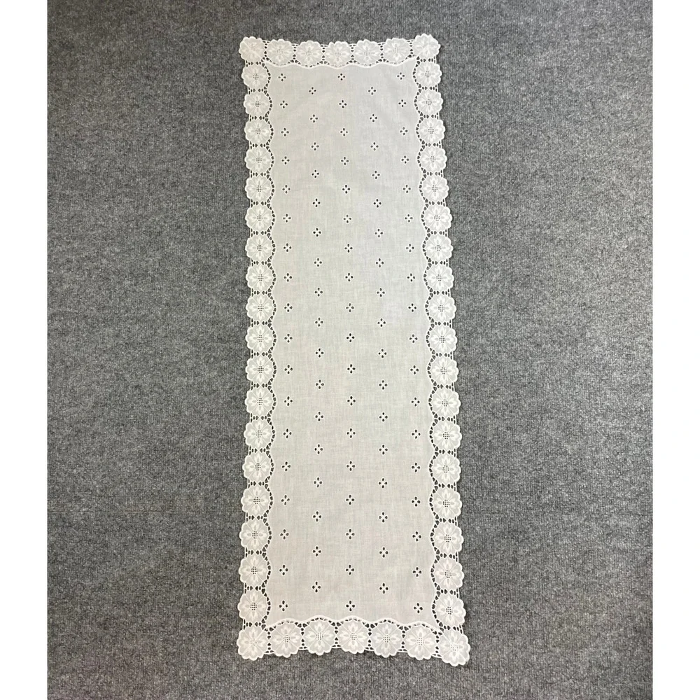 Antique Table Runner 41x13.5 White Floral Eyelet Scalloped Lace Vintage Doilies
